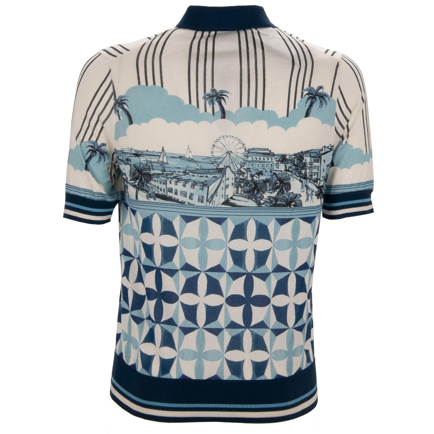 DOLCE & GABBANA Gio Ponti Design Palm Silk Polo Shirt T-Shirt Blue White gallery