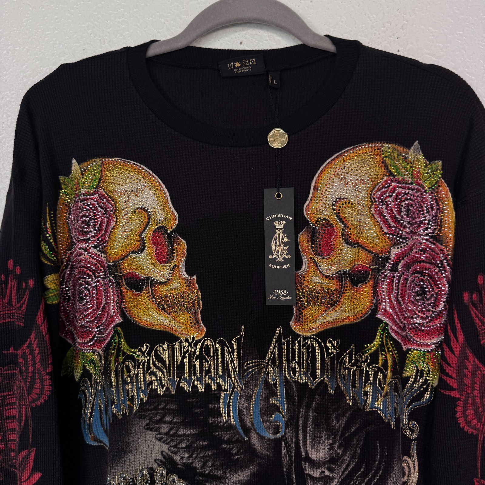 Christian Audigier Thermal Shirt Mens Large Skull Snake Eagle Battle Y2K Tattoo gallery