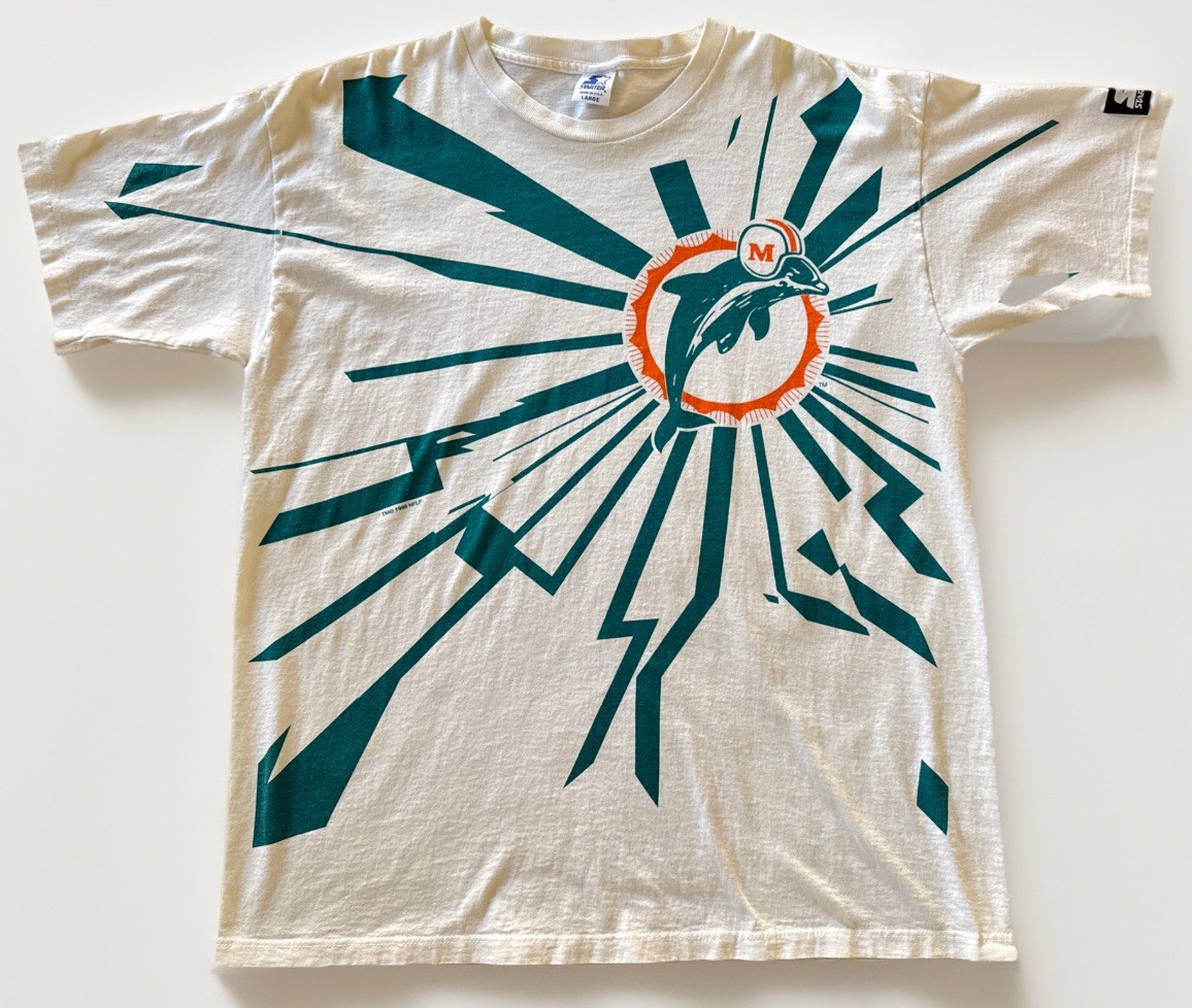 VTG 1996 STARTER Miami Dolphins T-Shirt Size Large Collision Shock Wave NFL Rare