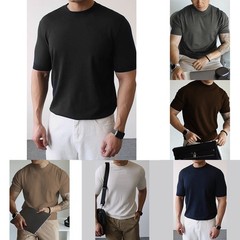 Mens Knitted Half-High Collar Short Sleeve T-Shirt Casual Slim Knit Pullover Top