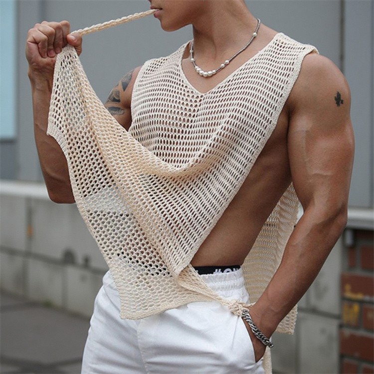 Men Sexy Hollow Out Tank Tops Openwork Side Lace Up Vest Casual Baggy Vest Basic gallery