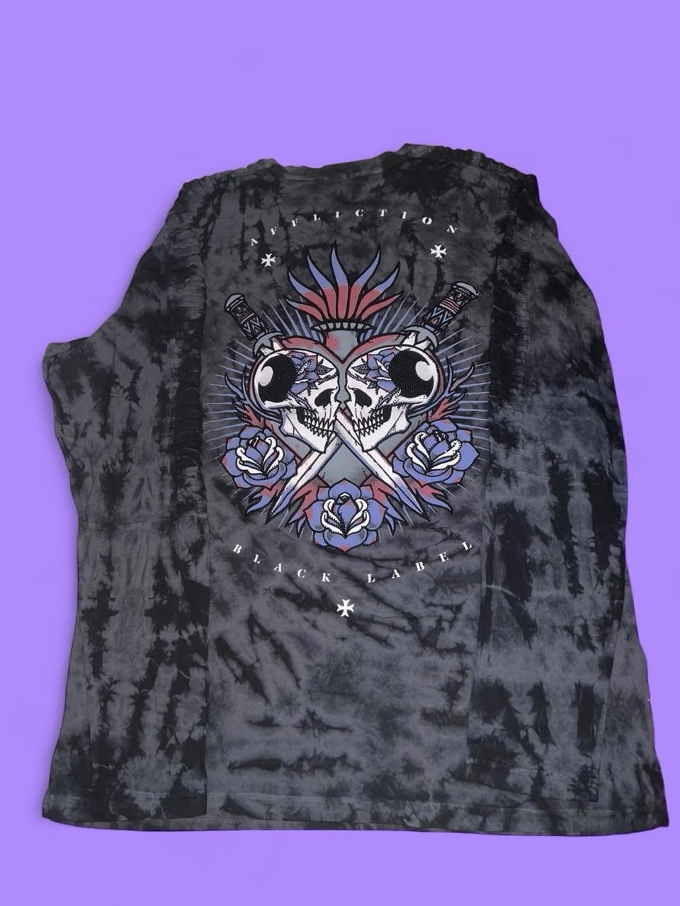 Black label Affliction long sleeve shirt swords skulls graphic stripe detail Y2K gallery