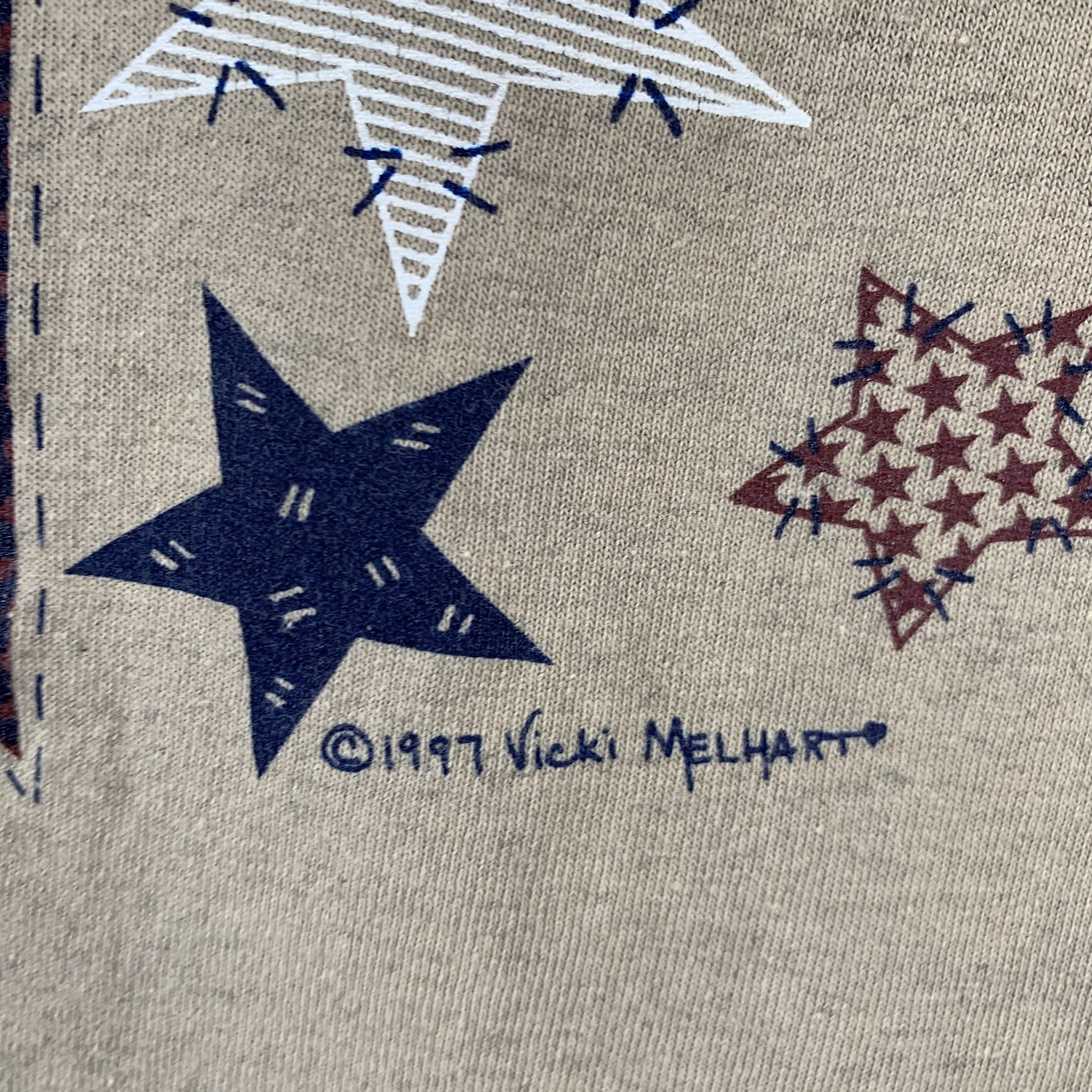 Vintage Single Stitch T Shirt XL Rustic American Quilt Patch Work Tan Cotton USA gallery