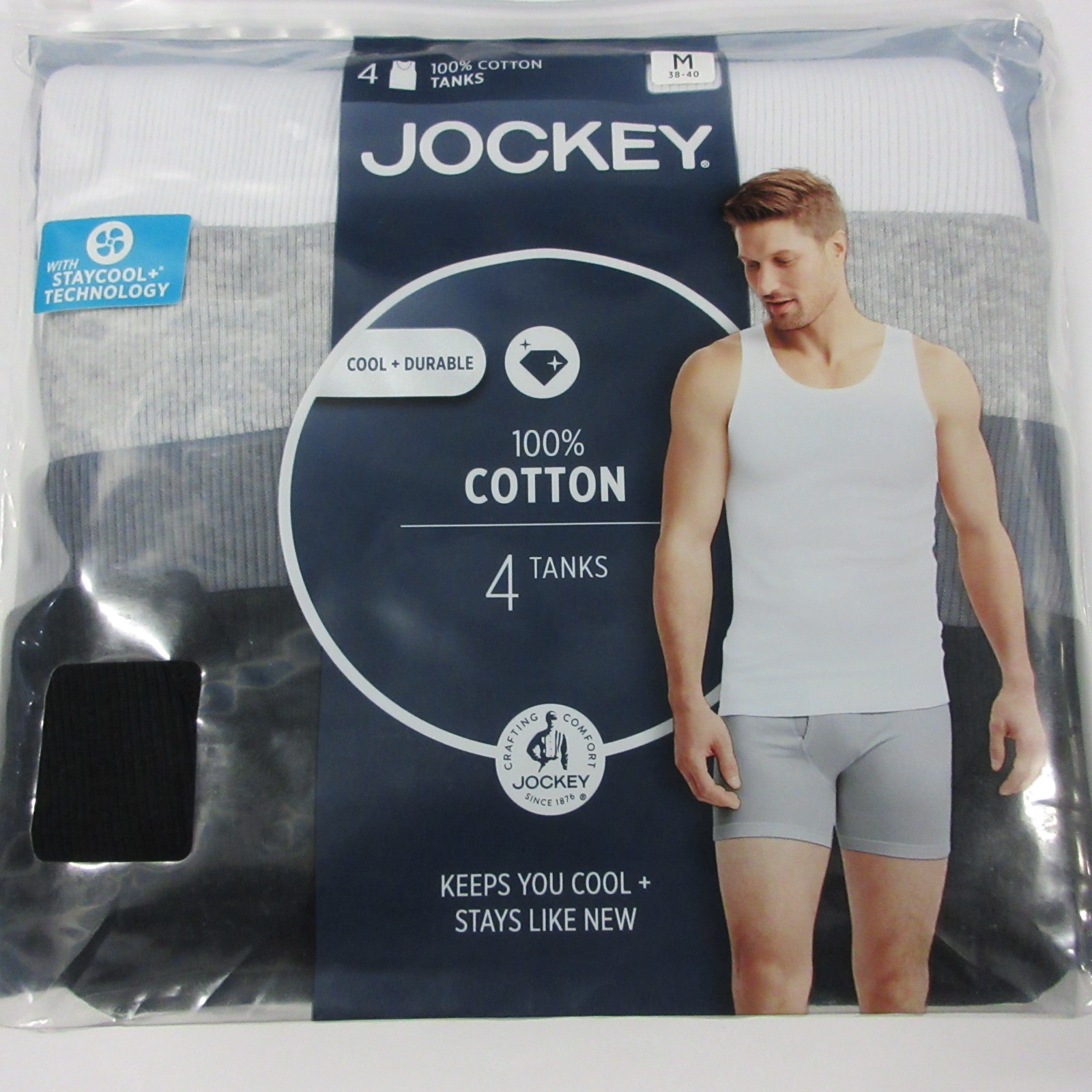 New Jockey 4 Pack Men’s Stay Cool Cotton Tanks Size Medium M Black Gray White