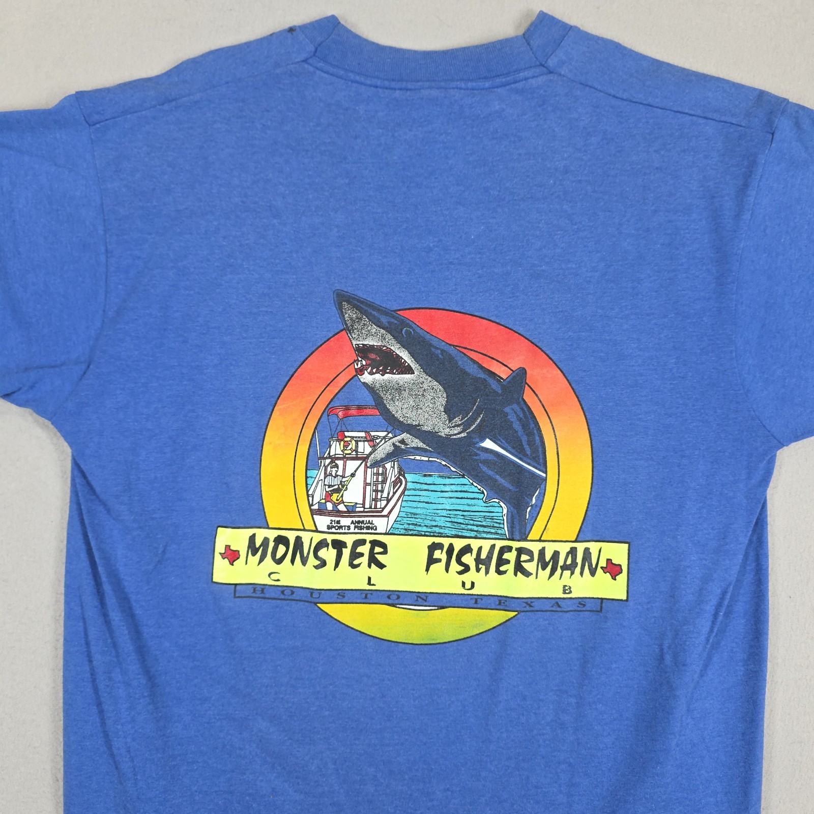 Vintage Monster Fisherman Shirt Mens Large Blue Huston Texas Club Shark Jaws gallery