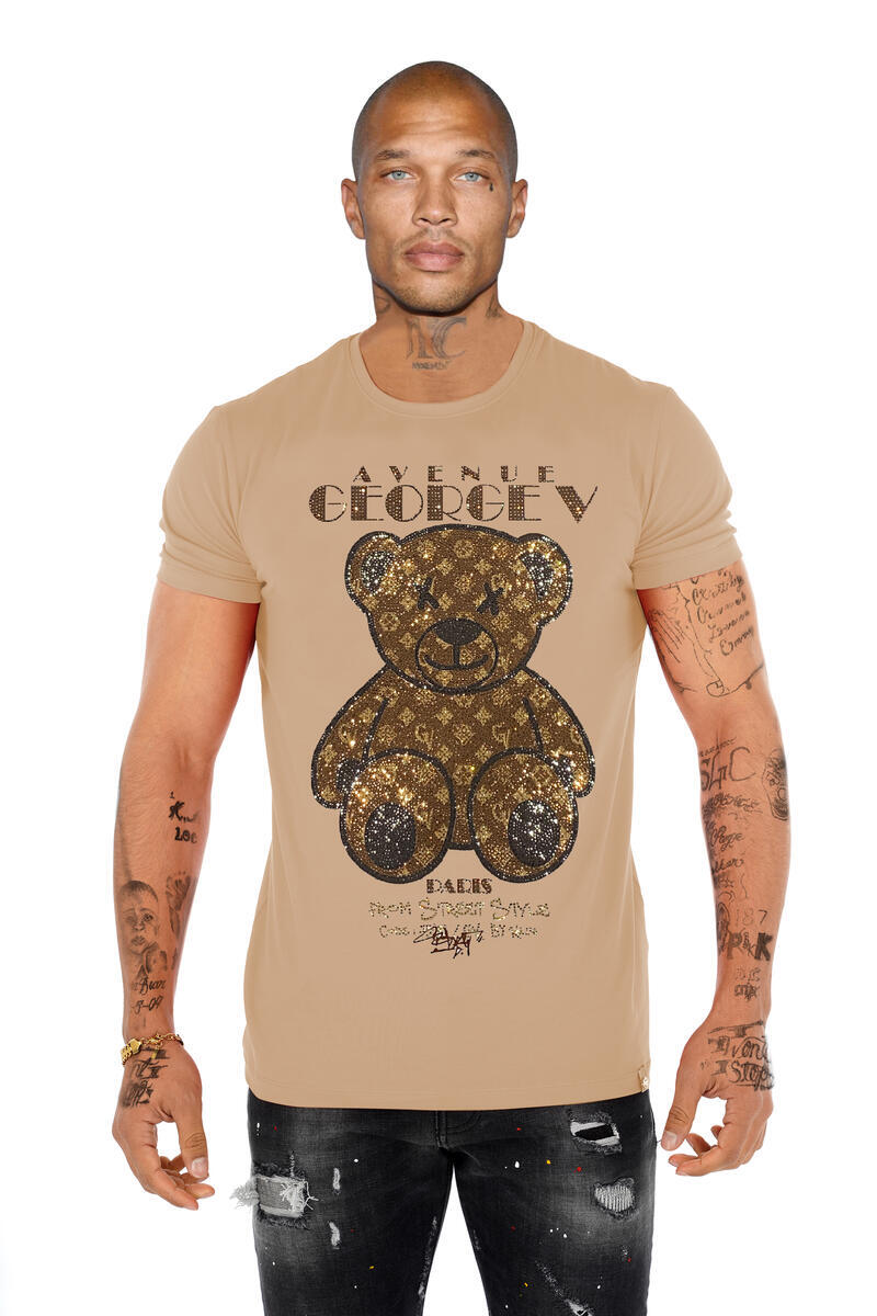 Avenue George V Paris Short Sleeves Beige T-shirt Rhinestone Golden Teddy bear gallery