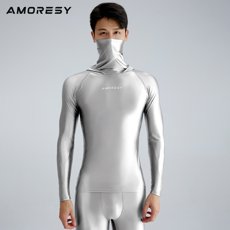 AMORESY Men Glossy Hooded Sunscreen T-shirt High Neck Long Sleeve Running Shirts gallery