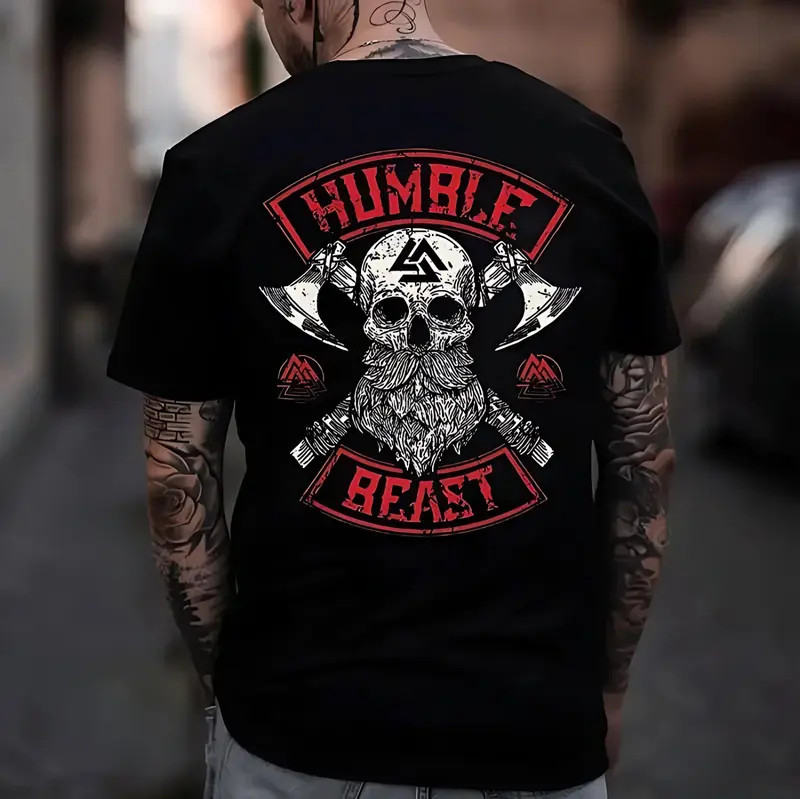 HUMBLE BEAST Viking Skull Print Men’s T-Shirt, Top Menswear, Gift For Him