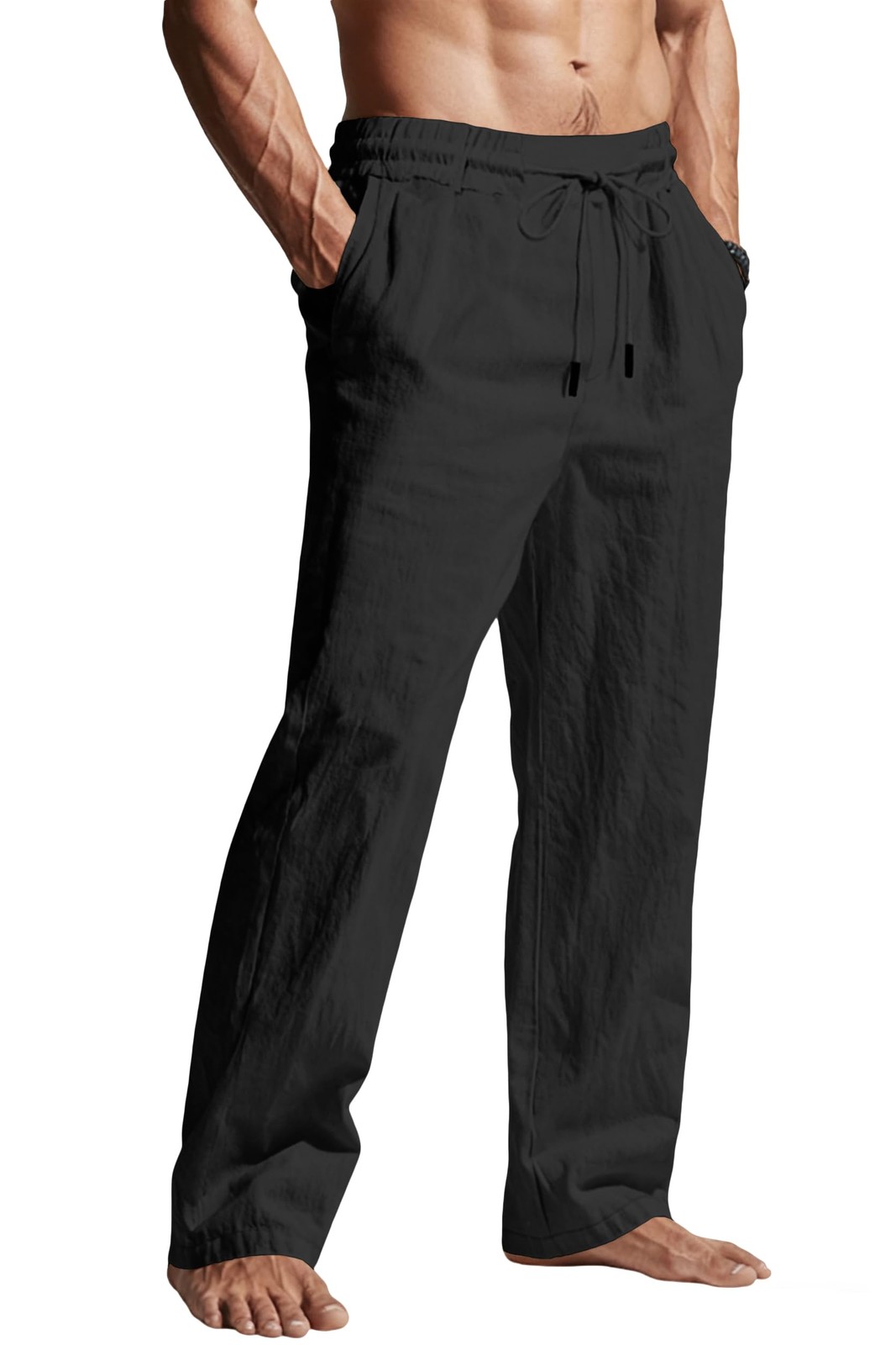 Men’s Casual Linen Pants Elastic Waist Drawstring Summer Beach Lightweight Tr…