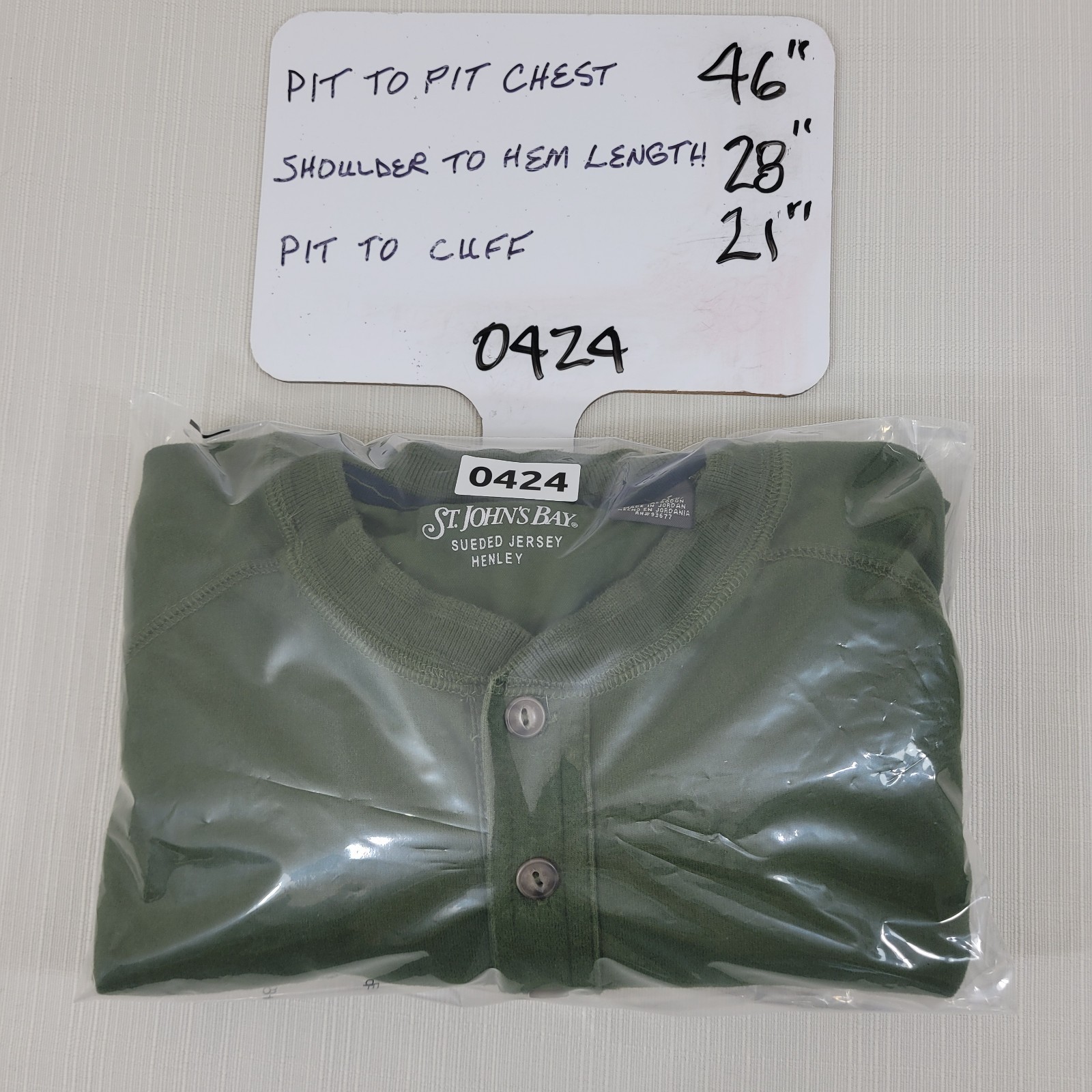 St Johns Bay Mens SZ L 46" LS Henley Sueded Jersey Forest Green Ribbed Cuffs gallery