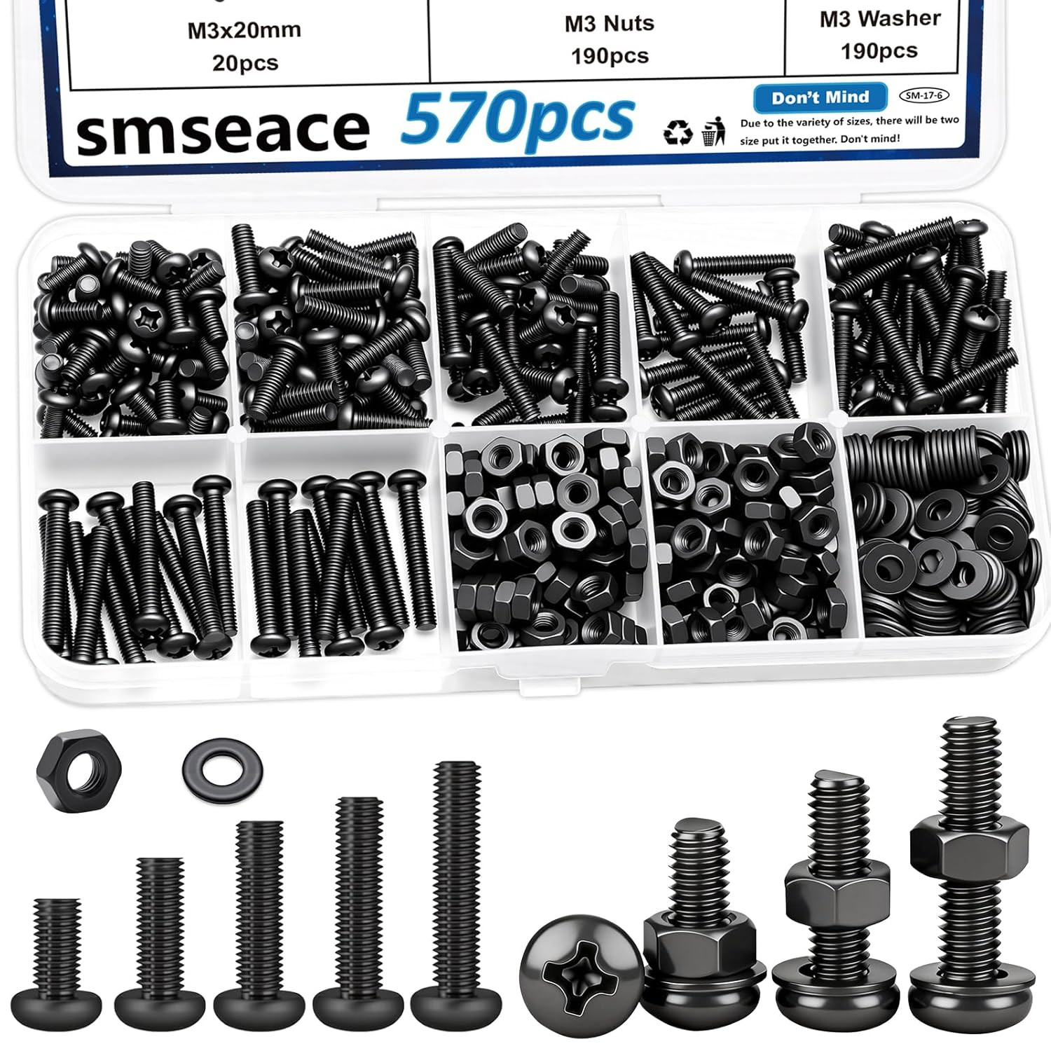 570Pcs Black M3 Screws with Nuts Assortment Kit Nuts M3X6/10/14/16/20Mm 5-Sizes