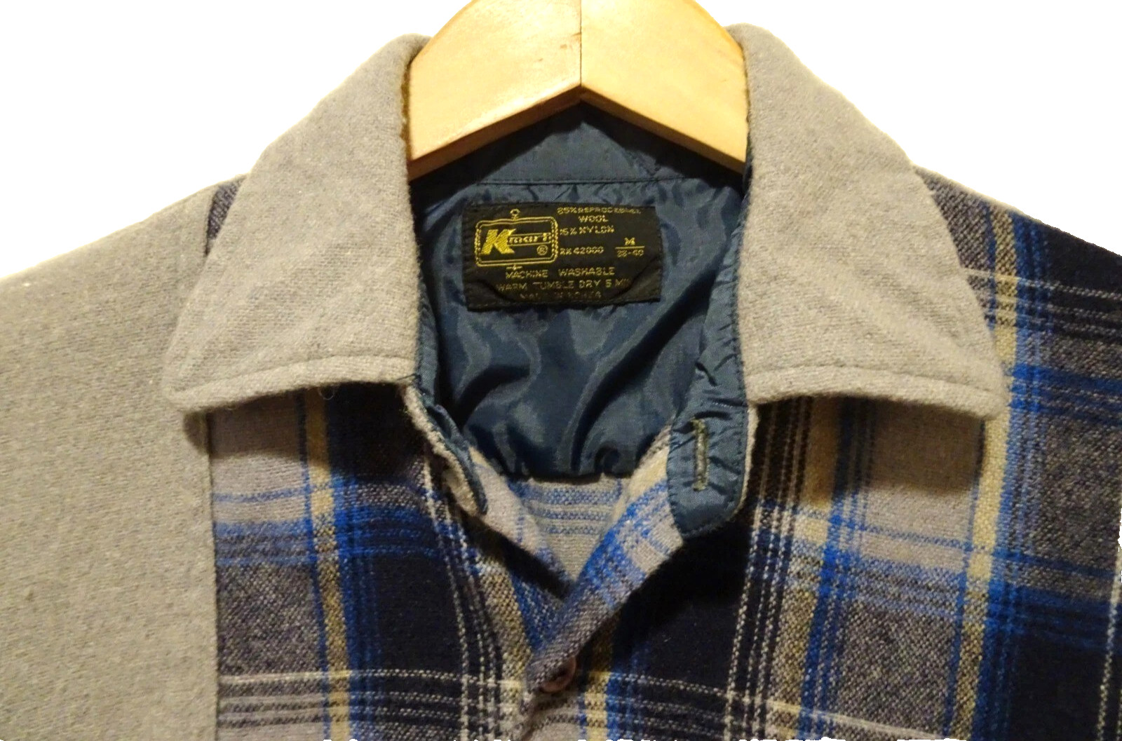 M Vtg 70s Kmart Blue Gray Black Shadow Plaid Wool Nylon Flannel Men's Shirt M gallery