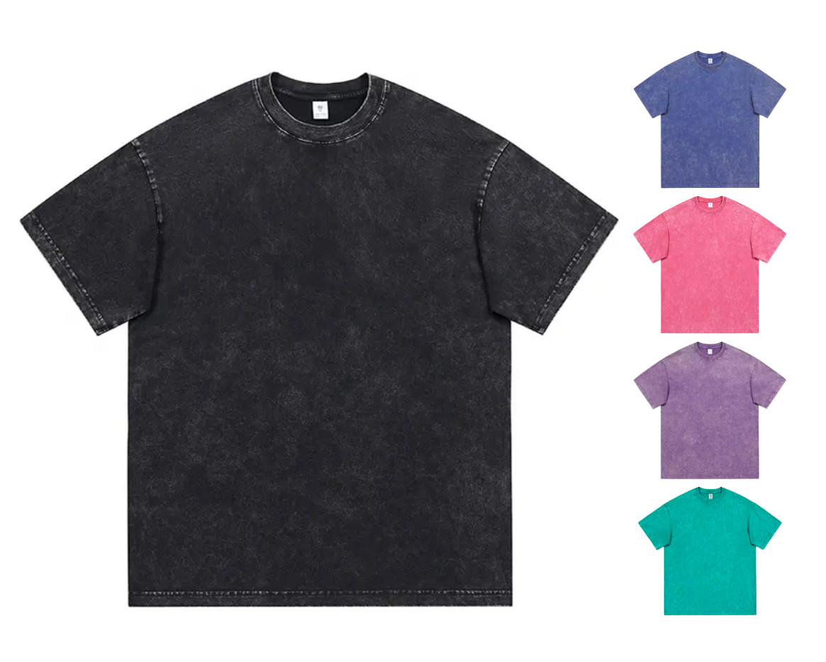 Unisex Acid Wash Faded Heavyweight O-neck Tshirt Pink Purple Blue Green gallery