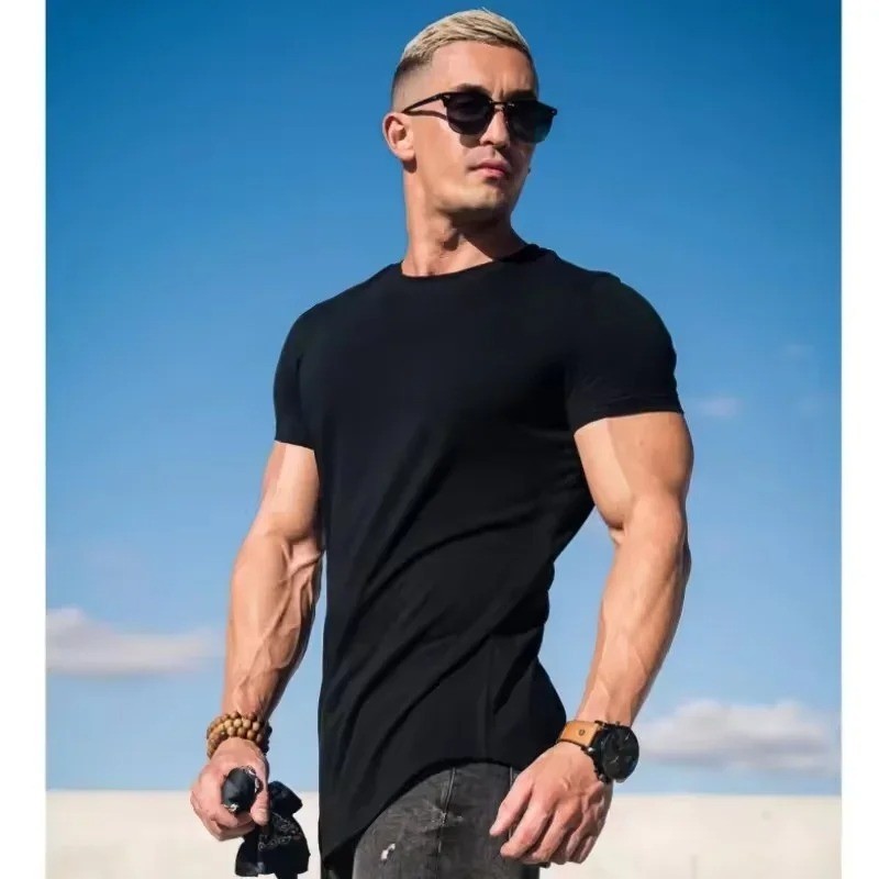 Men Muscle Fitness T-Shirt Summer Cotton Gym Workout Short Sleeve Top gallery