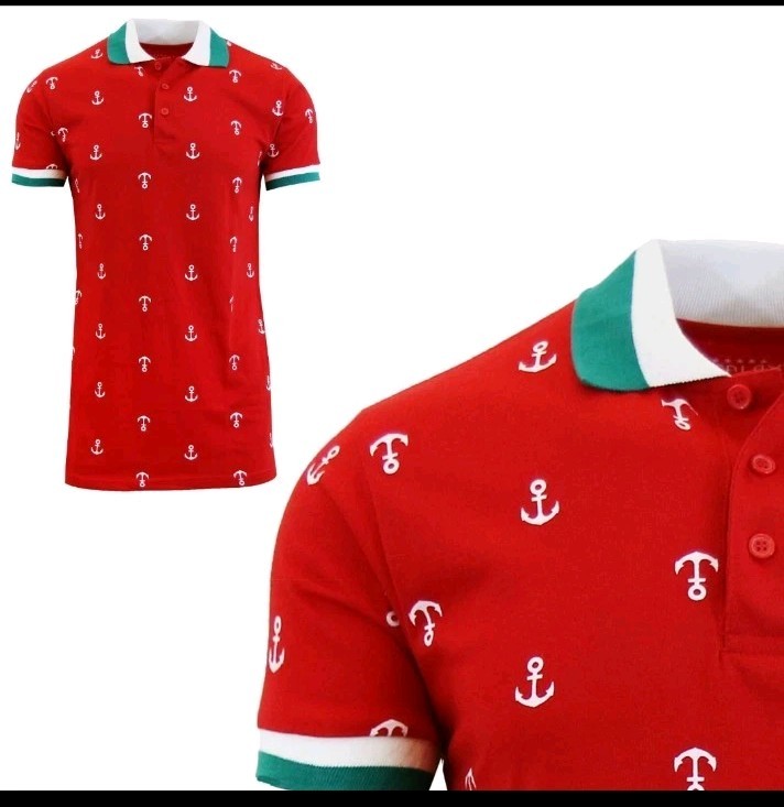 Men's Short Sleeve Shirt Red With Nautical Theme Cotton-Blend NEW gallery