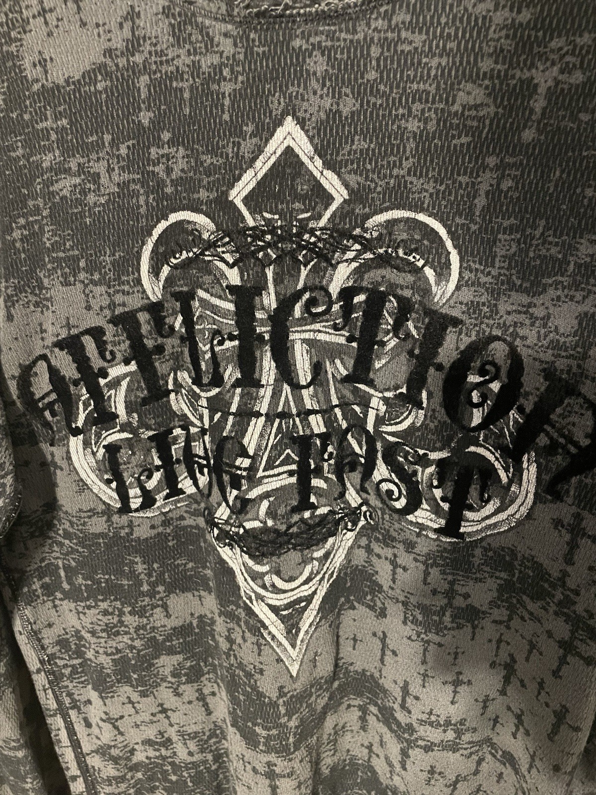 Affliction Live Fast Thermal Shirt Mens L Gray Flocked Cross Distressed Y2K gallery