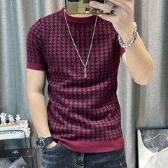 New Houndstooth Men Short Sleeve Sweater T-shirt O-neck Knitted Top Tees