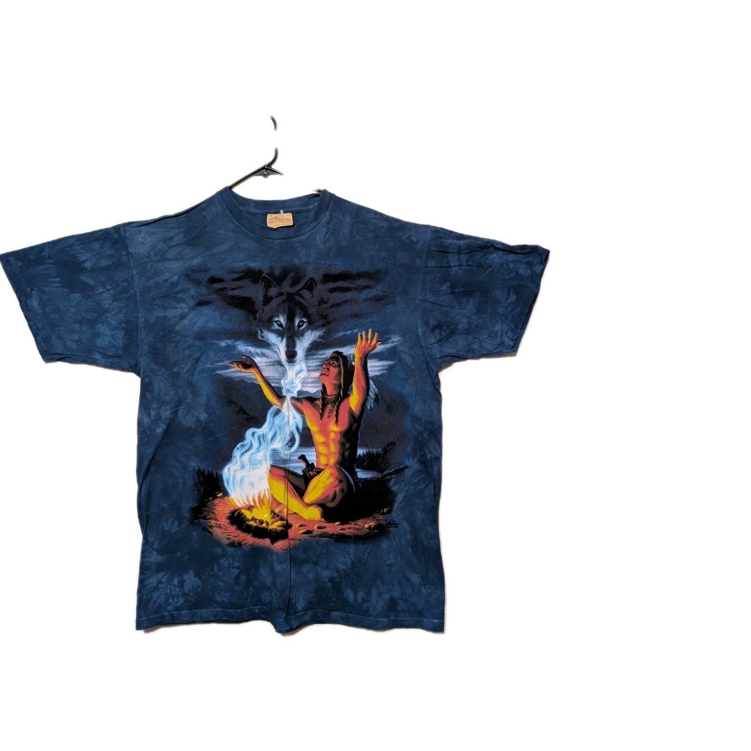 The Mountain Mens T-shirt Blue Native Wolf Spirit Leather Tag XL #3746 NWOT gallery