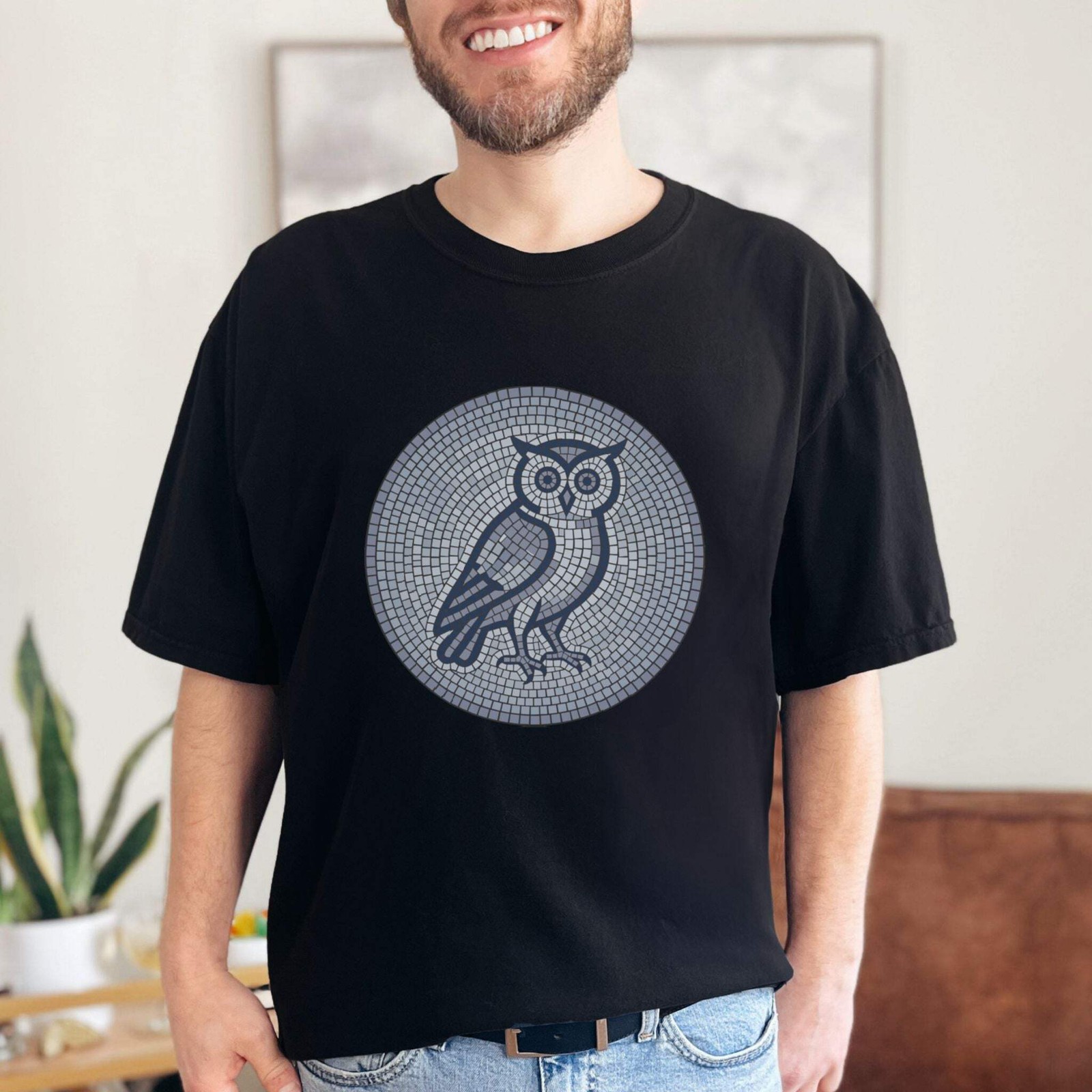 Mosaic Owl T-Shirt | Geometric Blue Grey Wisdom Graphic Tee | Comfort Colors gallery