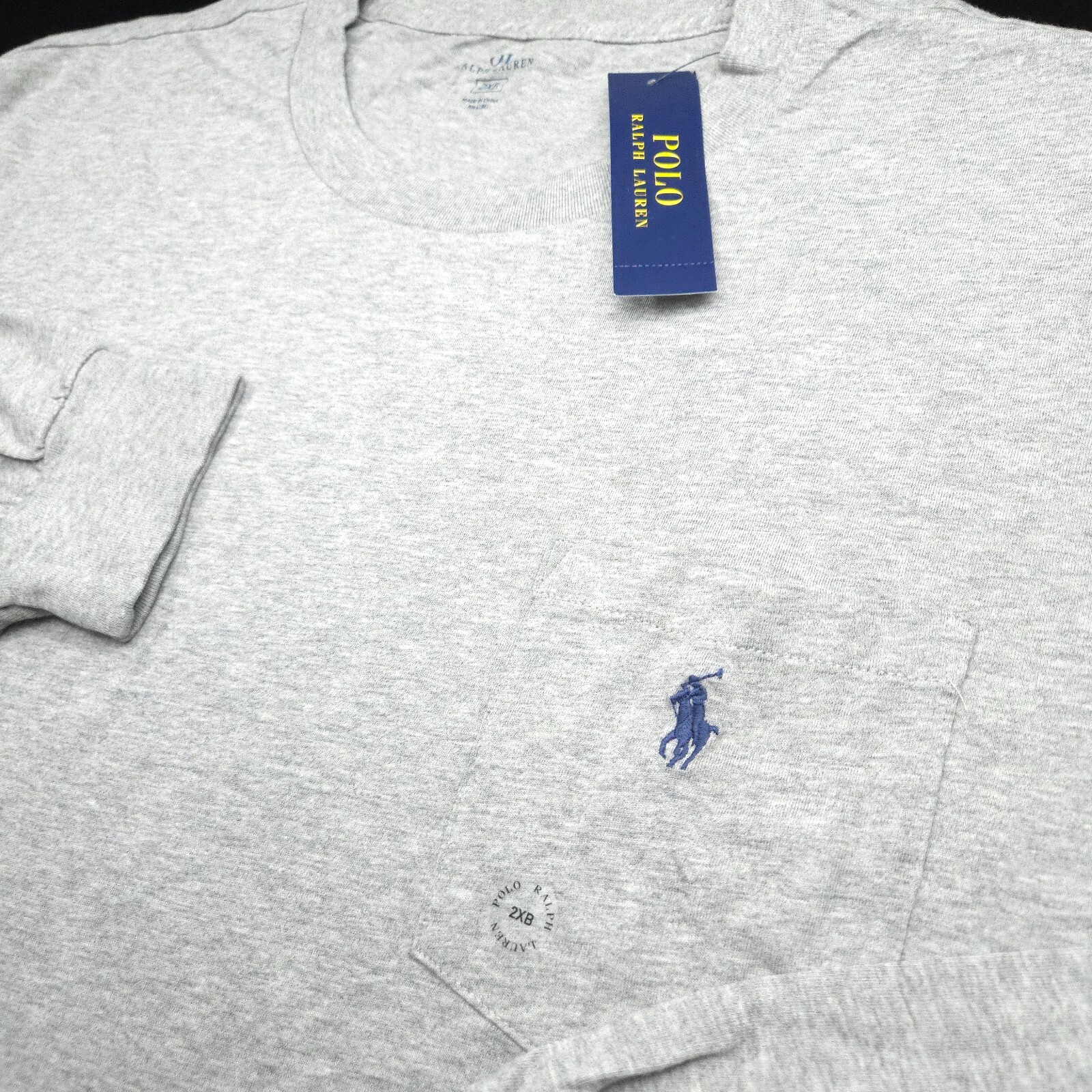 POLO RALPH LAUREN CREW T-SHIRT -2XB BIG XXL GRAY -LONG SLEEVE POCKET -BLUE PONY gallery