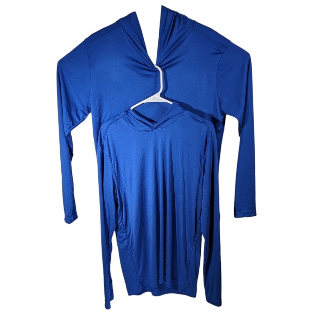 2 Long Sleeve Royal Blue Hooded Workout Shirts Medium M/L Loose Solid