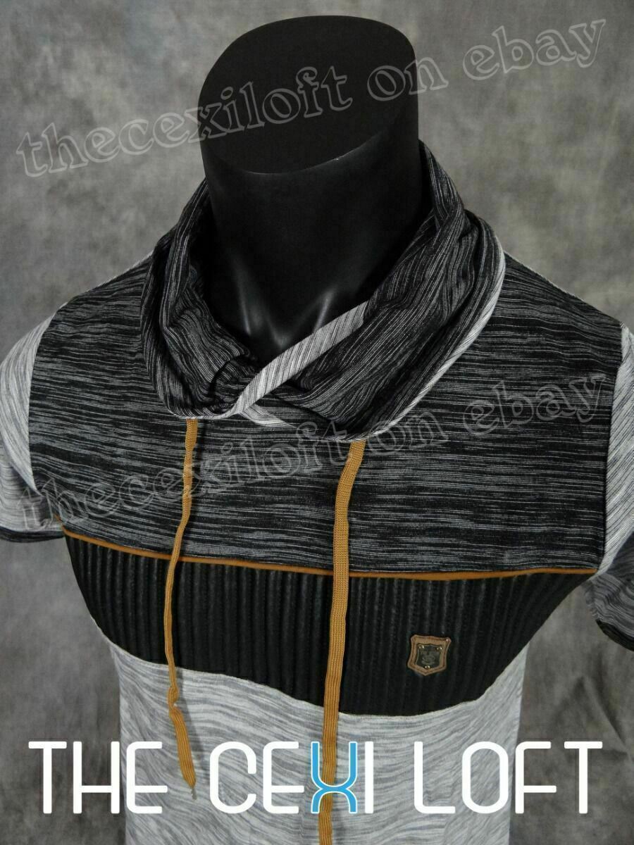 Mens Big Collar T-Shirt Grey Faux Leather Crest SLIM FIT Designer Short Sleeve gallery