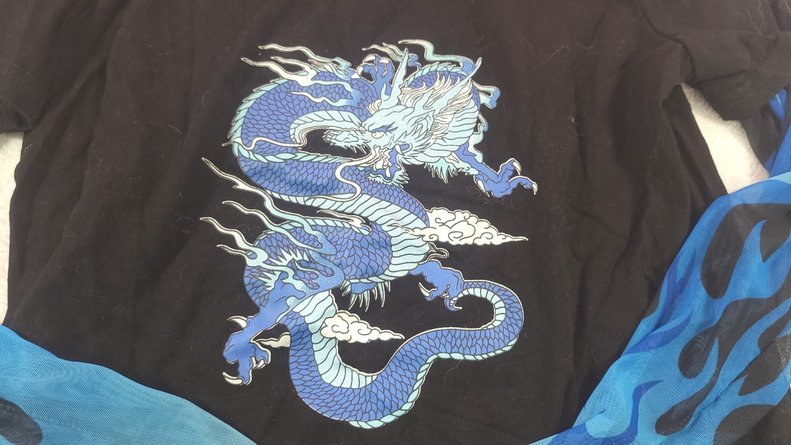 Dragon Print Mock Two Piece Mesh Panel Long Sleeve T-Shirt Blue Flame Y2K Sz S gallery