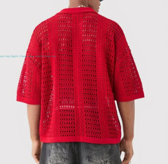 Men’s Crochet Button Down T-Shirt Short Sleeve Hollow Out Collar Beach Knit Tops