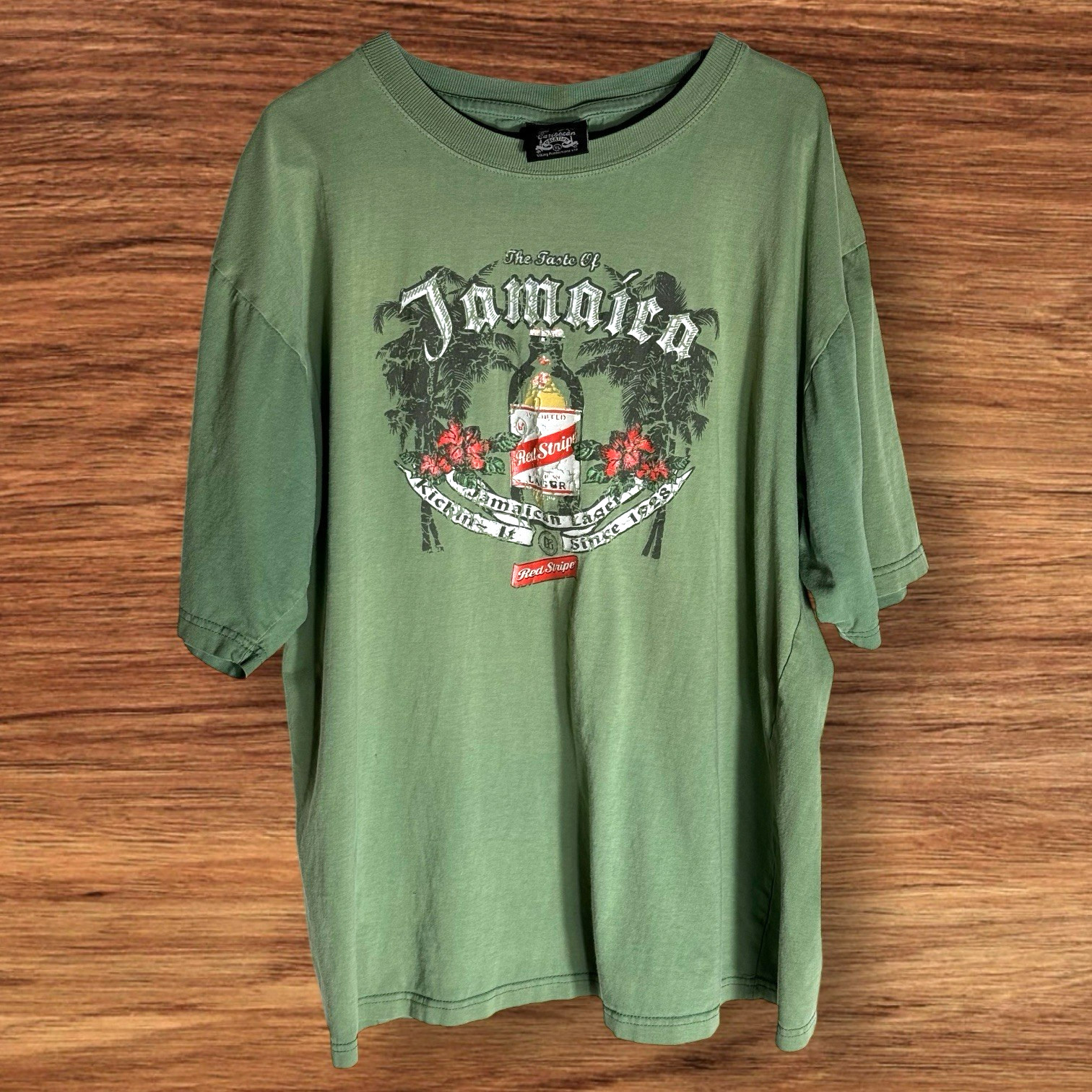Vintage Jamaica Red Stripe Beer Faded T Shirt Sz XL Olive Green Caribbean Rasta