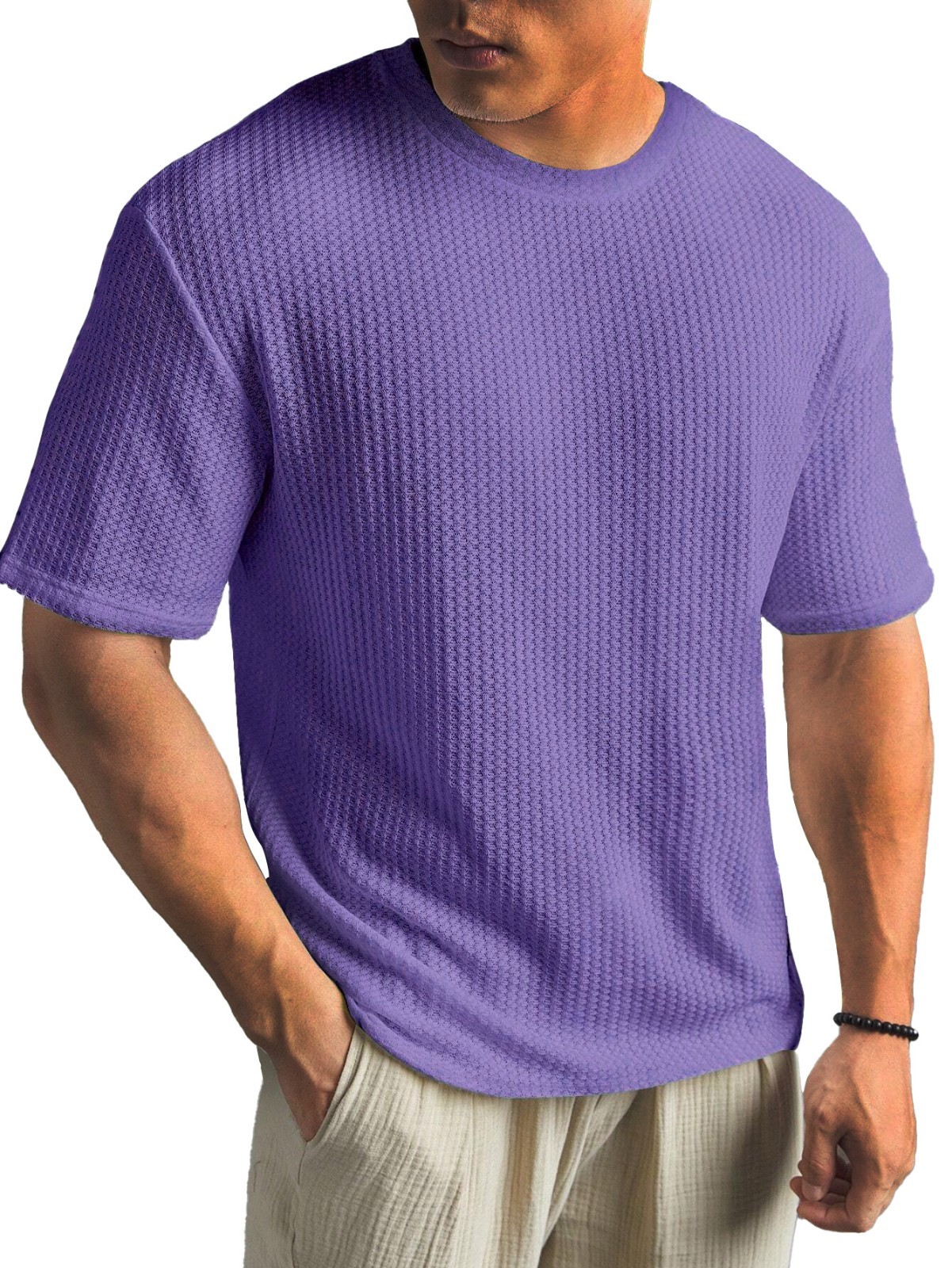 Mens Summer T Shirt Casual Ribbed Crew Neck Short Sleeve Solid Color Tee Top gallery