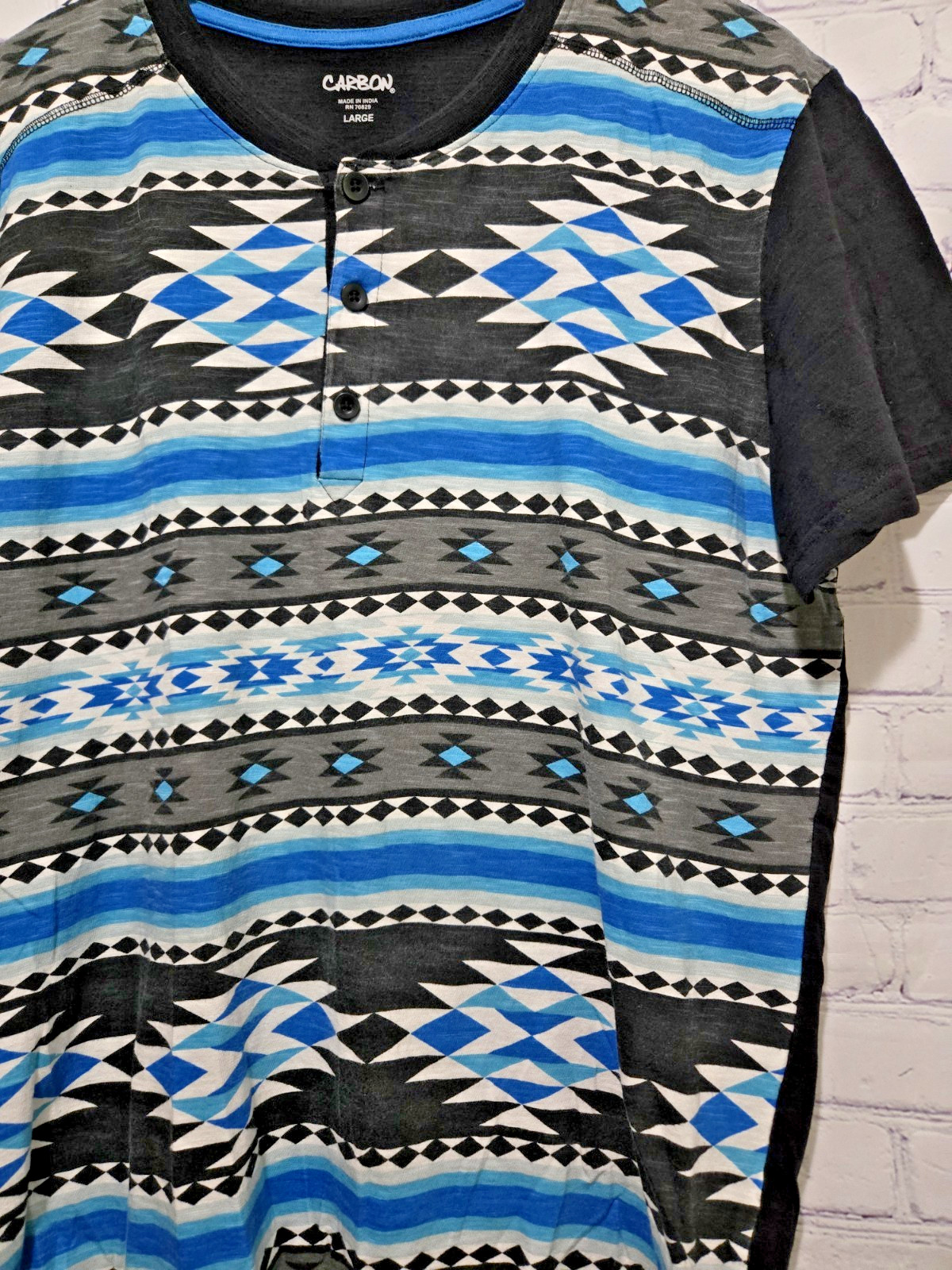 Carbon Mens Aztec Print Shirt Size L Short Sleeve Black Blue Button gallery