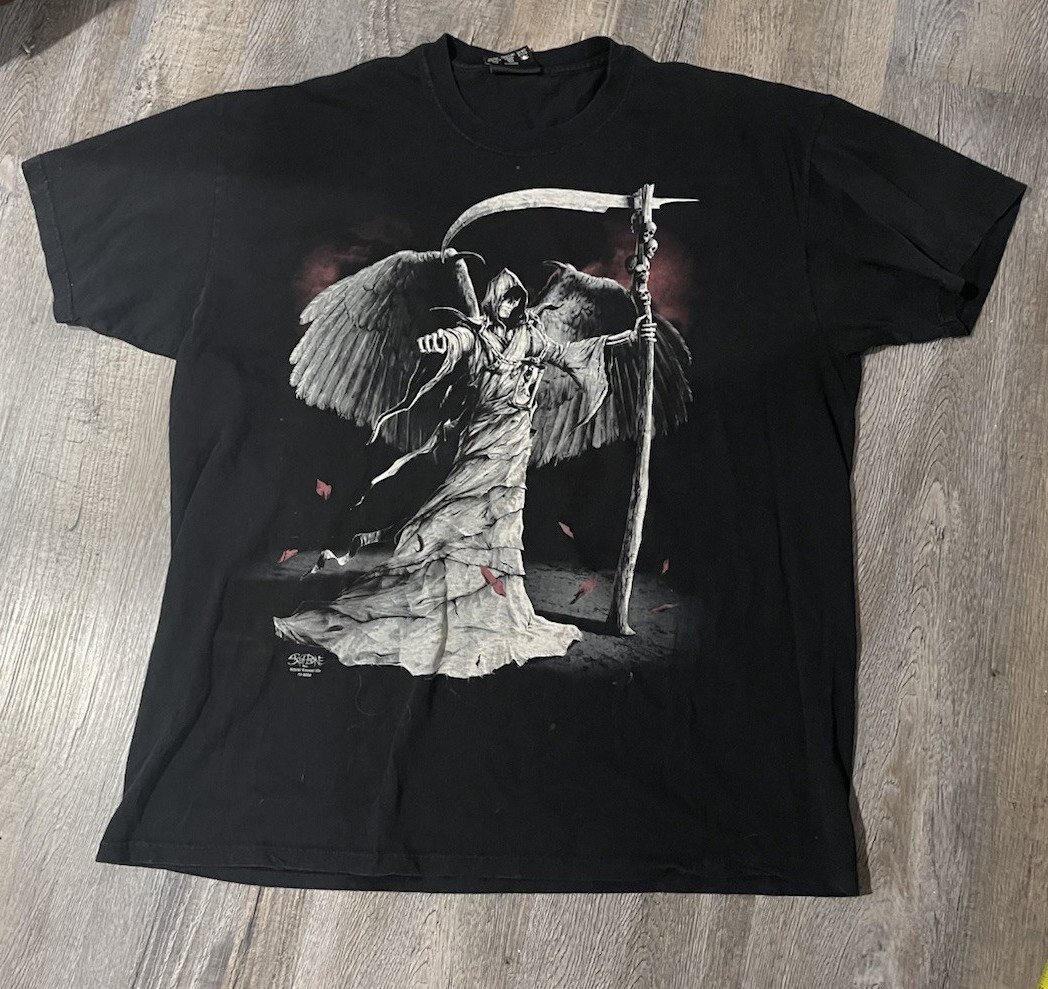 RARE Vintage 2000s Skulbone Men’s 2XL Black Grim Reaper Graphic Print T-Shirt gallery