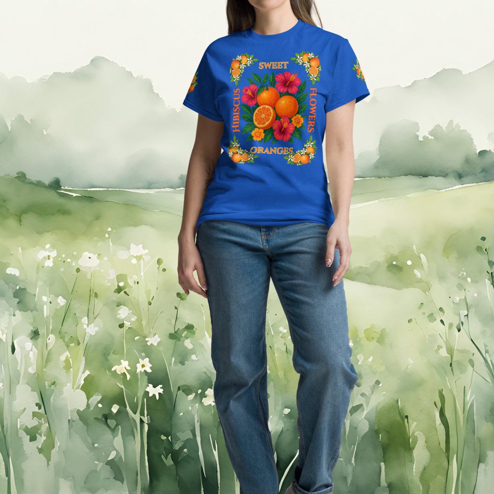 Unisex S-5XL Sweet Oranges and Hibiscus Flowers Summer Tee with Sleeves Graphic gallery