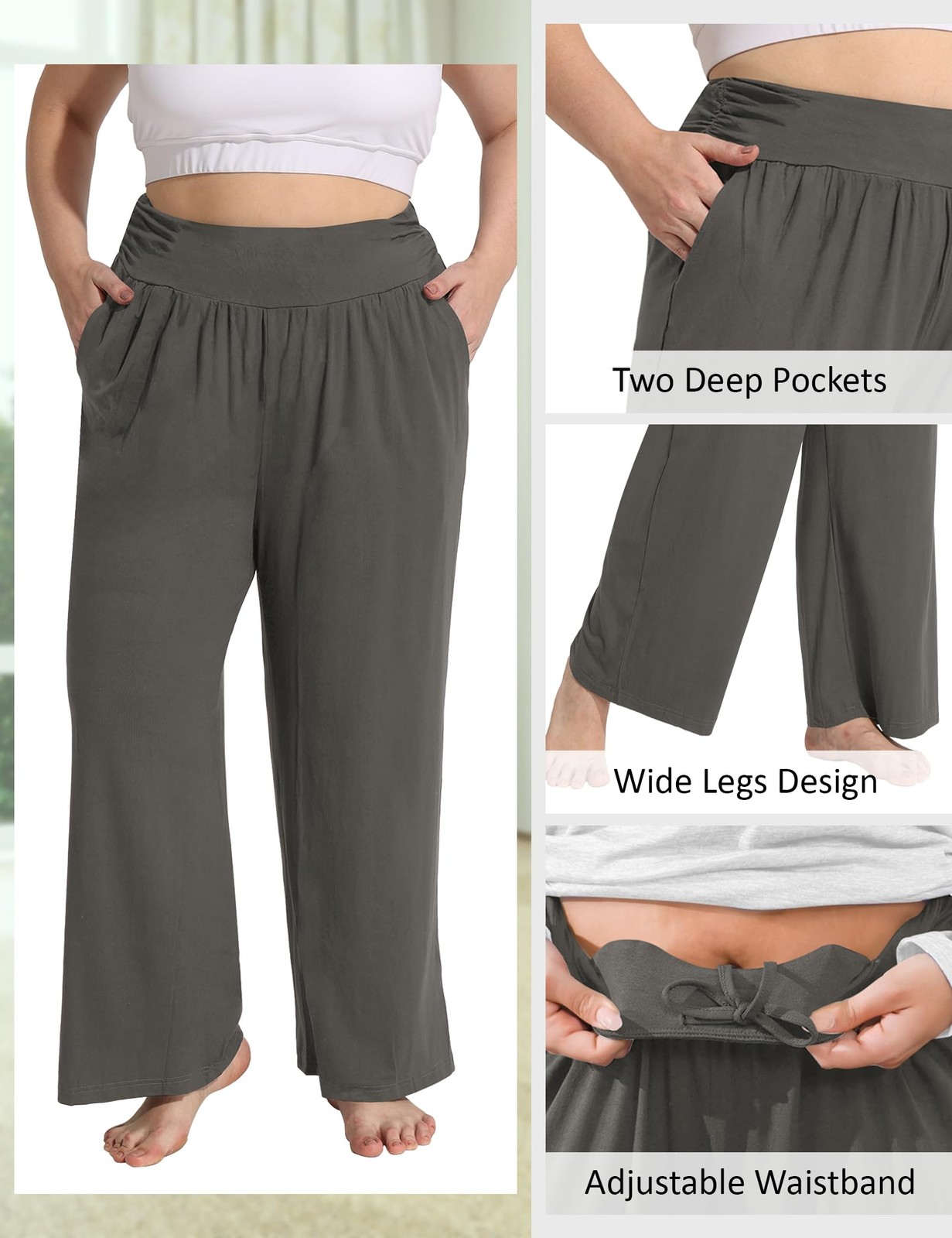 Plus Size Wide Leg Pants Flowy Yoga Lounge Sweatpants High Waisted Pockets gallery