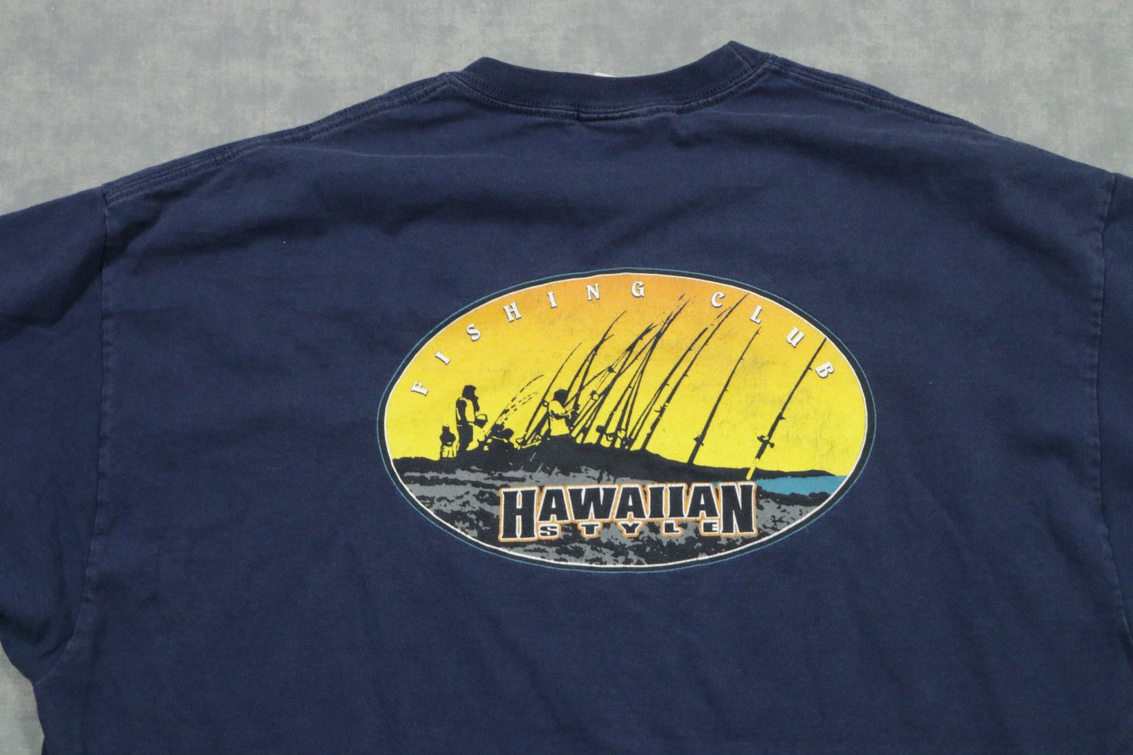 Hawaiian Style Fishing Club Shirt Mens XL Navy Blue Graphic Tee Outdoor Island gallery