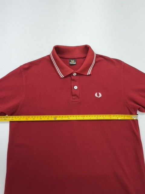 Fred Perry Mens Red Polo Shirt Size L Classic Striped Ribbed Cuff Condition gallery