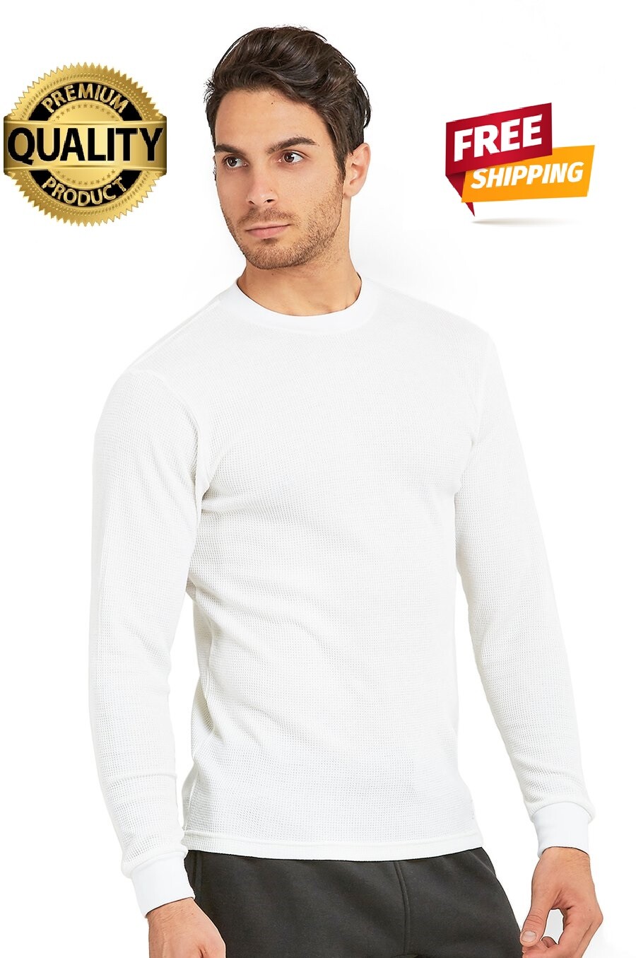 Thermal Shirt COTTON Warm Medium Weight Long Sleeve Crew Neck Waffle Men's gallery