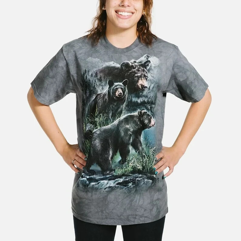 The Mountain Three Black Bears Grizzly Nature Forest Cotton Tie Dye T-Shirt S-3X gallery