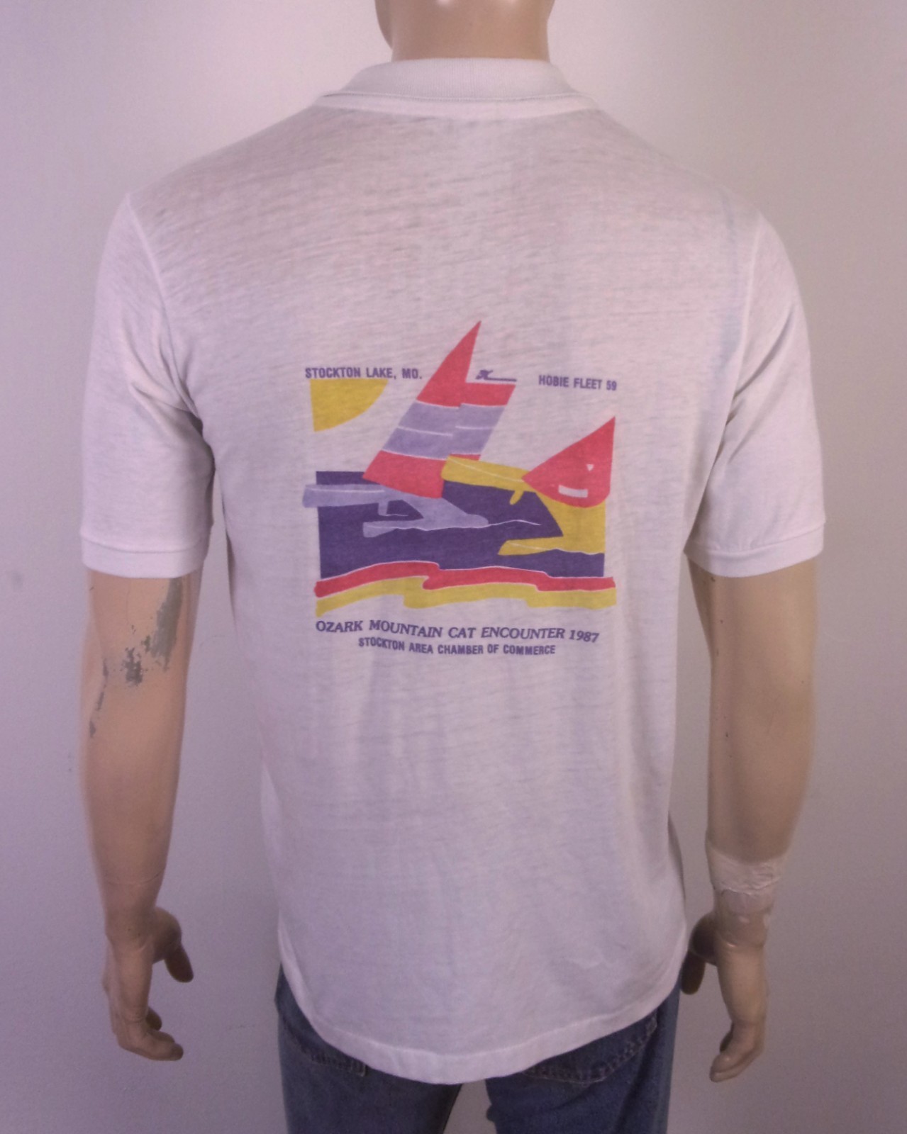 vintage 80s thin Single Stitch Hobie Polo Shirt Ozark Mtn. Cat Encounter 1987 L gallery