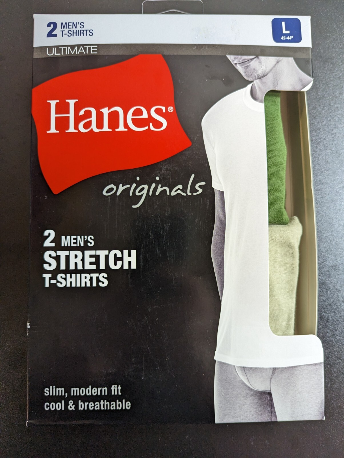 Mens Hanes Crew Slim Fit T-Shirts Originals Neck Stretch Ultimate 2-Pack Size L