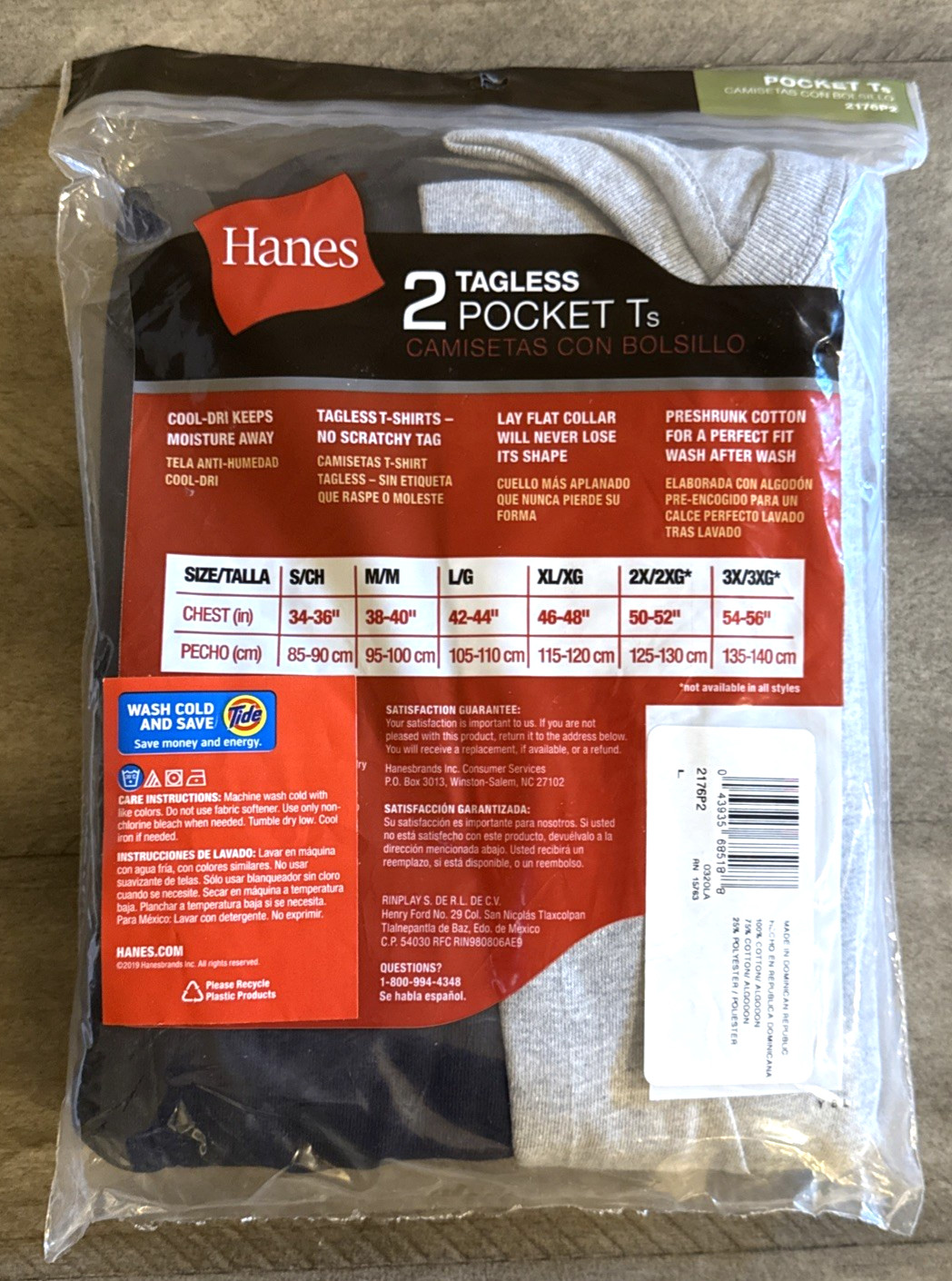 NEW Hanes Men's Tagless Pocket Ts Wicking Soft Breathable 2 Pk Size L (42-44") gallery