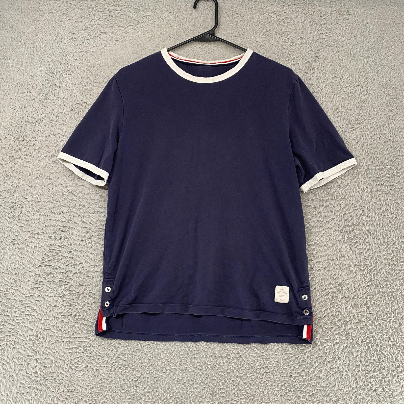 Thom Browne Ringer Shirt Mens 2 / Medium Navy Blue Side Button Made In Japan Tee gallery