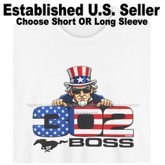 DigiRods Ford Mustang Boss 302 V8 American Uncle Sam Cartoon Logo T Shirt
