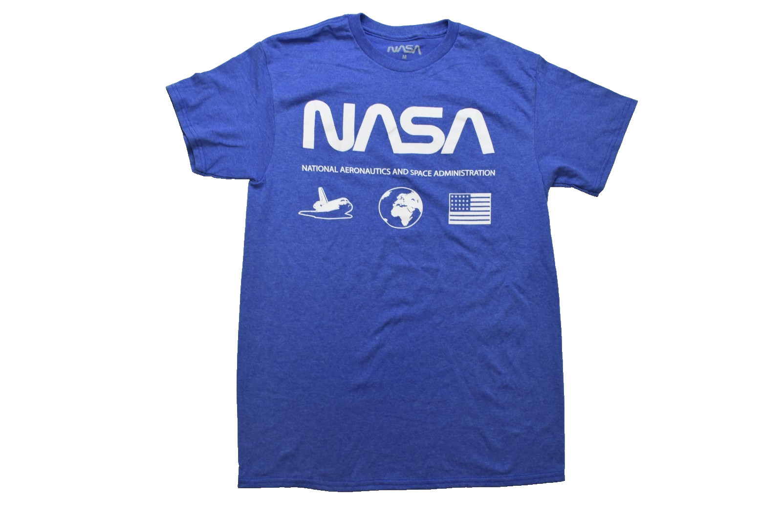 NASA Mens Space Shuttle, Earth, American Flag Icons Blue Shirt New Medium gallery
