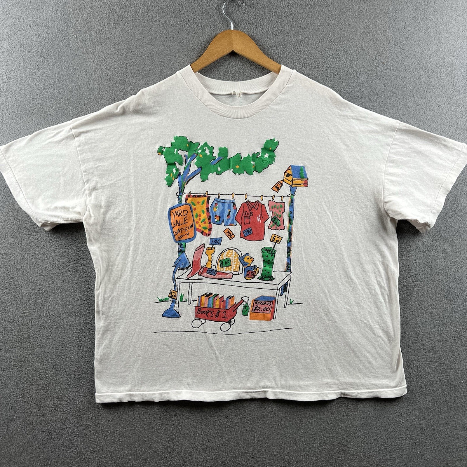 Vintage Yard Sale Shirt Mens OSFA White Single Stitch Puff Print Cartoon 90s USA gallery