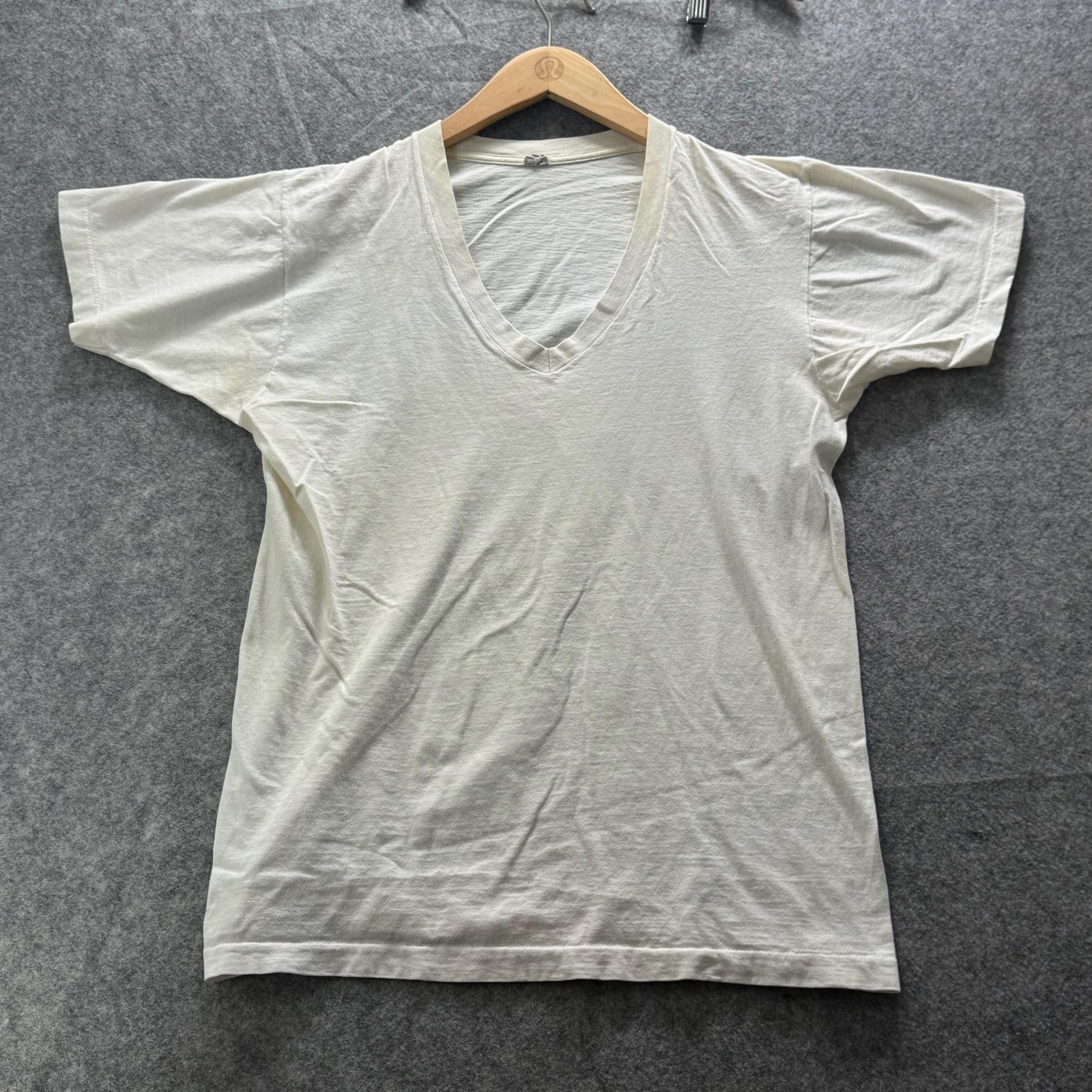 Vintage Shirt Mens L White V-Neck Cotton Jersey Lightweight Paper Thin Dad Tee