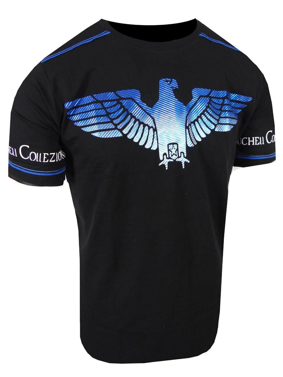 Mens T-Shirt Black Designer Italian Shiny Blue Eagle Bucheli Slim Fit Crew Neck gallery