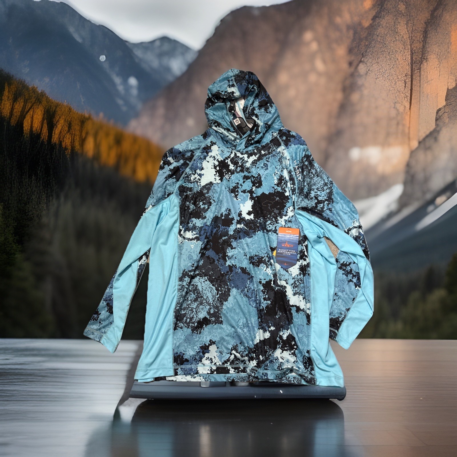 Habit Mens 2XL Summit View Hooded UPF 50+ Performance Layer Veil Camo Aqua Blue gallery