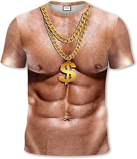 Funny 3D Gold Chain T Shirt Men Fake Six Pack Abs Dollar Sign Muscle Gag Gift