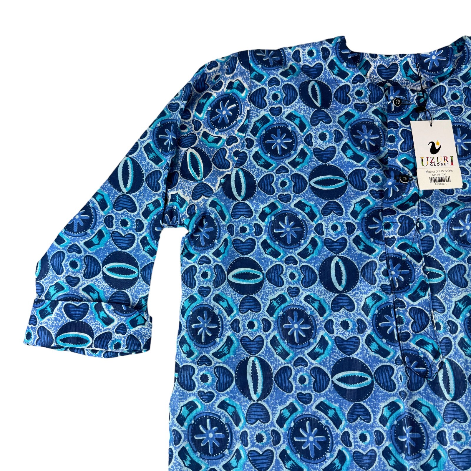 Uzuri Closet Dress Shirt Men's 2XL Blue Matina African 3/4 Sleeve Geometric NWT gallery